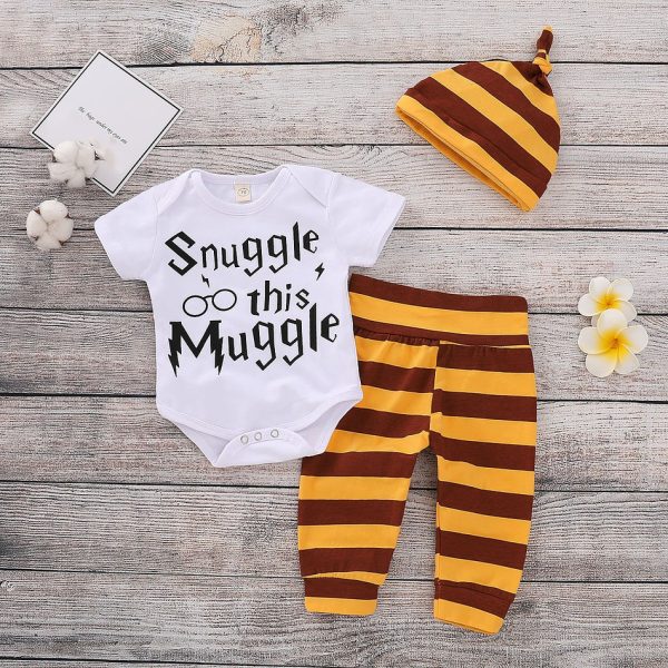 3-piece Letters Print Bodysuit Stripes Pants with Hat for Baby